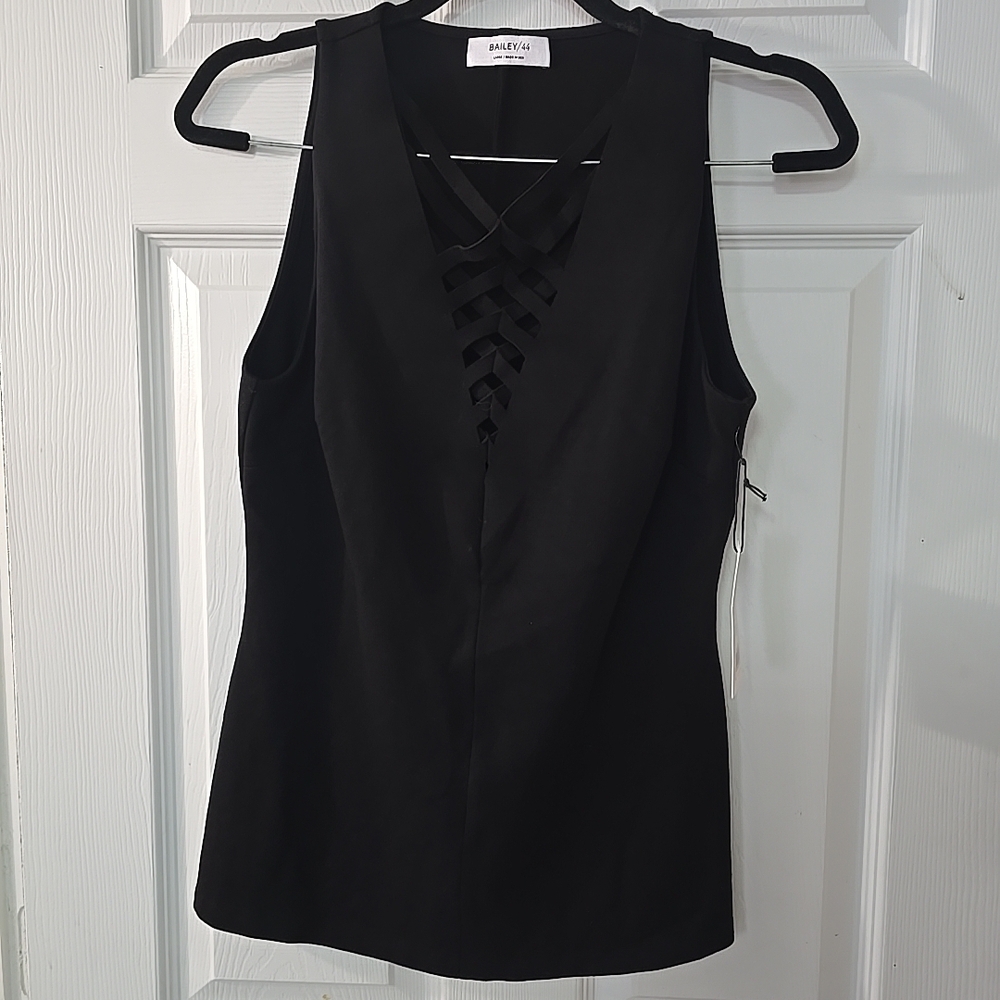Bailey/44 Trompe-Loeil Sleeveless Black Blouse Tank Top Sz Large Made USA‎ NWT